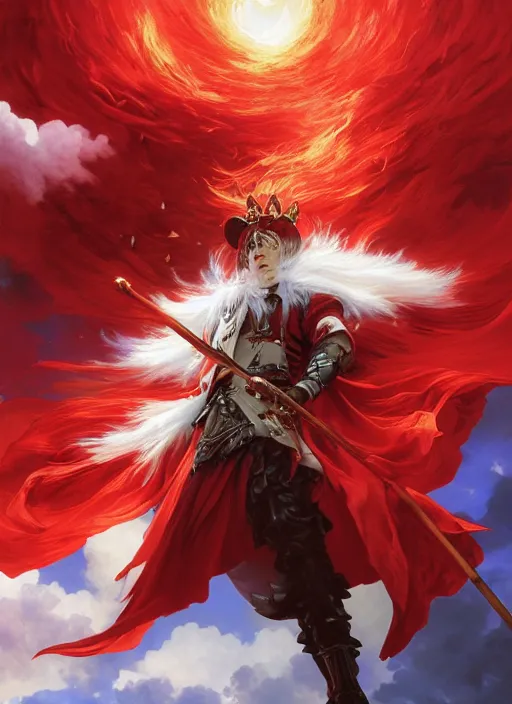 Image similar to Full View of a boisterous Red Mage wearing striped shining armor and a feathered hat holding a staff of power surrounded by an epic cloudscape. Magus. Red Wizard. Morpheus. masterpiece. 4k digital illustration. by Ruan Jia and Artgerm and Andreas Rocha and William-Adolphe Bouguereau and Edmund Blair Leighton. award winning, Artstation, intricate details, realistic, Hyperdetailed, 8k resolution. Concept Painting. Key Art