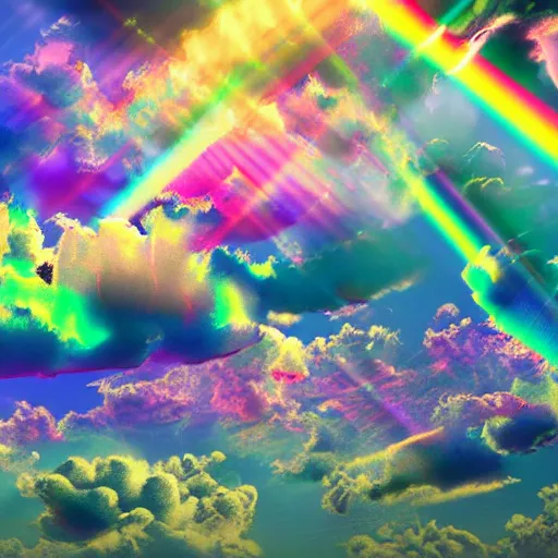 Image similar to psychedelic multicolor clouds, god rays, volumetric lighting, dynamic intricate ornate