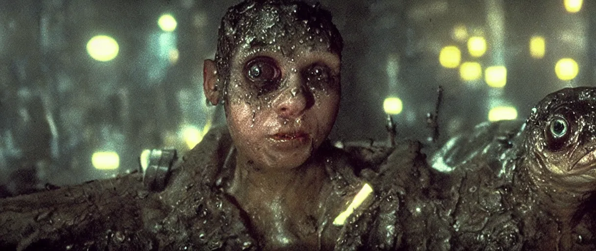 Image similar to Close up of a happy Lepidobatrachus laevis facing the camera in a still from the movie Blade Runner (1982), high quality, rain, rain drops, cold neon lighting, 4k, night, award winning photo, beautiful, cute