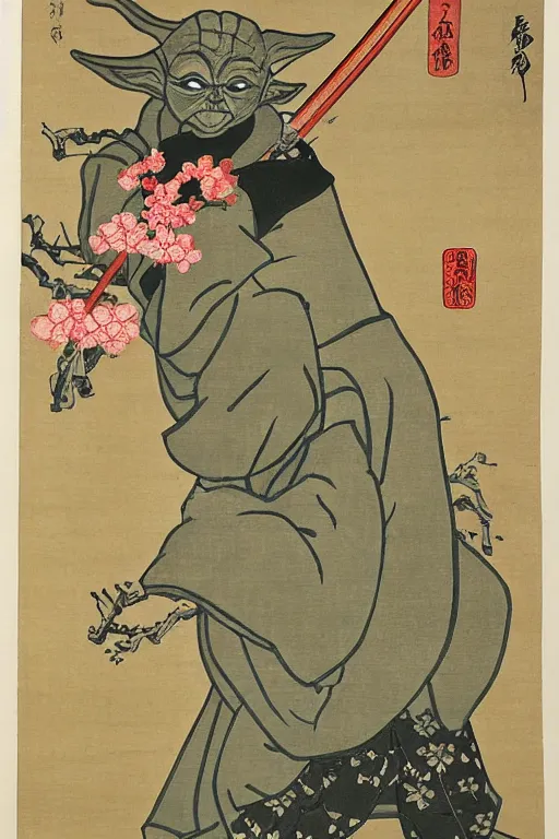 Prompt: Japanese woodblock print of Yoda holding a samurai sword , cherry blossom, Hokusai