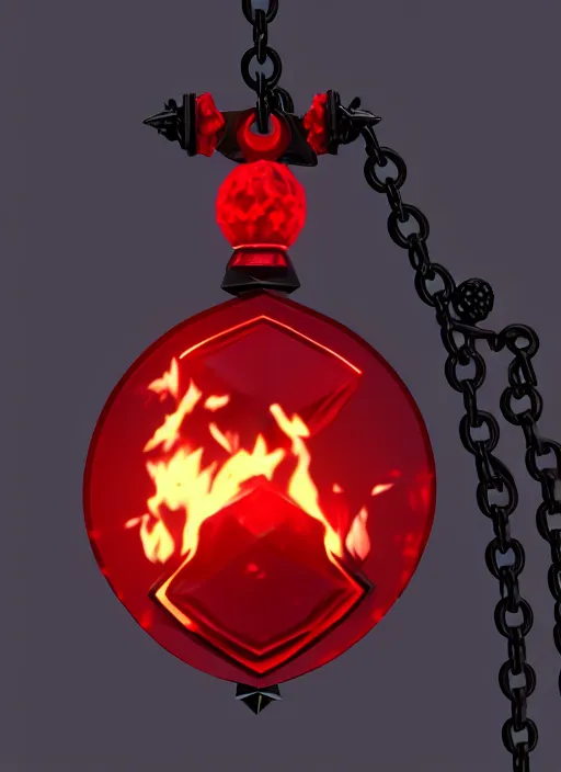 Image similar to rpg item, a black necklace with a bright red crystal pendant in flames, Unreal 5, DAZ, hyperrealistic, rpg style, octane render, dynamic lighting