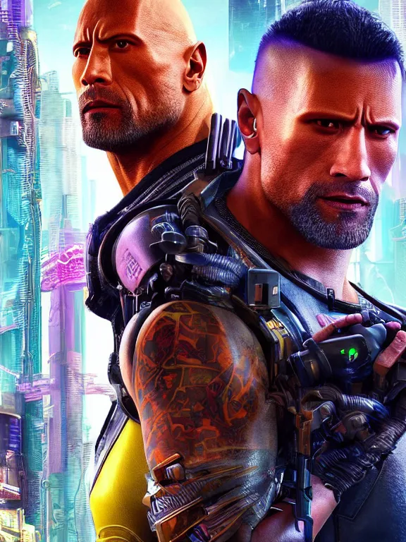 Image similar to a cyberpunk 2077 portrait of Dwayne Johnson holding a female android dancer with tango pose,complex mess of cables and wires behind them connected to giant computer, love moive,film lighting, by laurie greasley,Lawrence Alma-Tadema,William Morris,Dan Mumford, trending on atrstation, full of color,face enhance, highly detailed,8K, octane,golden ratio,cinematic lighting