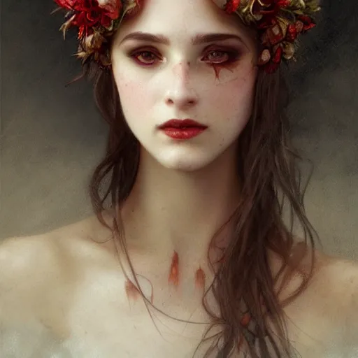 Prompt: portrait of beautiful vampire, flower crown, thorn everywhere, headshot, pale skin, 4k, rule of thirds, extreme detail, detailed drawing, trending artstation, hd, fantasy, D&D, realistic lighting, by Alphonse Mucha, Greg Rutkowski