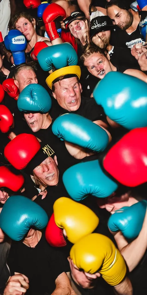 Prompt: award winning sports photography of slugs boxing in party hats