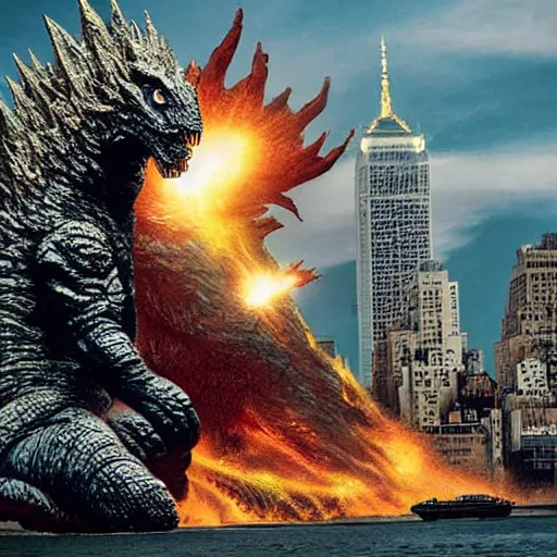 Image similar to 266 feet tall woman fighting with Godzilla in New York