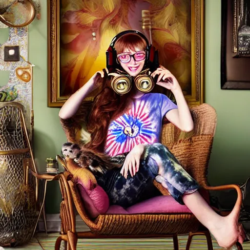 Prompt: a stunning hyper-detailed portrait photo of a beautiful smiling bespectacled woman with long auburn hair and bangs, wearing a tie-dye t-shirt, wearing steampunk headphones and posing with her raccoons and parrots in an overstuffed easy chair in her sunlit living room, holding a coffee cup and a donut and smoking an elaborate hookah, perfect eyes, octane render, unreal engine, 85 mm lens,