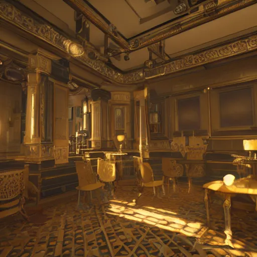 Image similar to futuristic Victorian era interior design artstation, 8k unreal engine