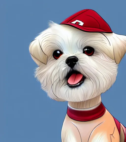 Image similar to small white shihtzu maltese mix dog in nc state stadium smiling full color digital illustration in the style of don bluth, artgerm, artstation trending, 4 k