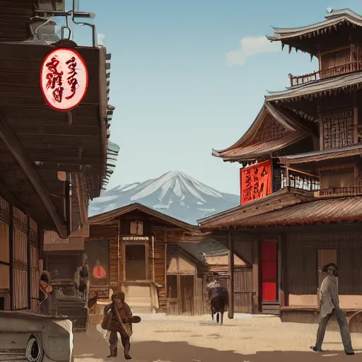 Prompt: Detailed American Old western town with Edo japanese design; trending on artstation