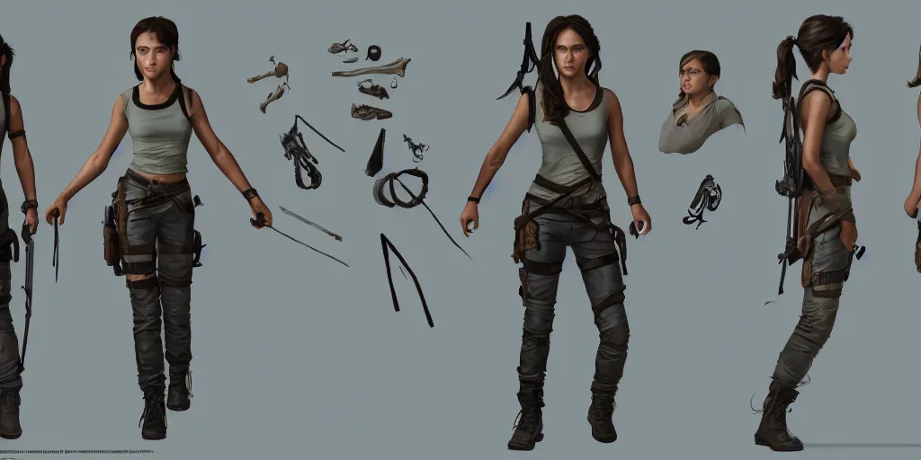 Image similar to young lara croft, character sheet, concept design, contrast, hot toys, kim jung gi, greg rutkowski, zabrocki, karlkka, jayison devadas, trending on artstation, 8 k, ultra wide angle, pincushion lens effect