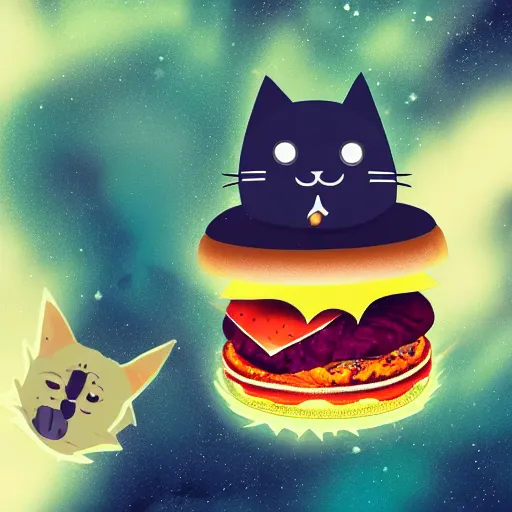 Image similar to cat in burger costume floating in space, digital art, trending on artstation 4k