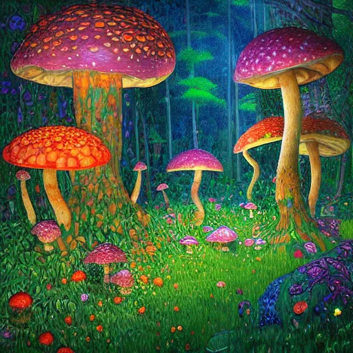 Prompt: “large intertwined mushrooms in a magical forest by tyler edlin, synthwave colors, gustav klimt”