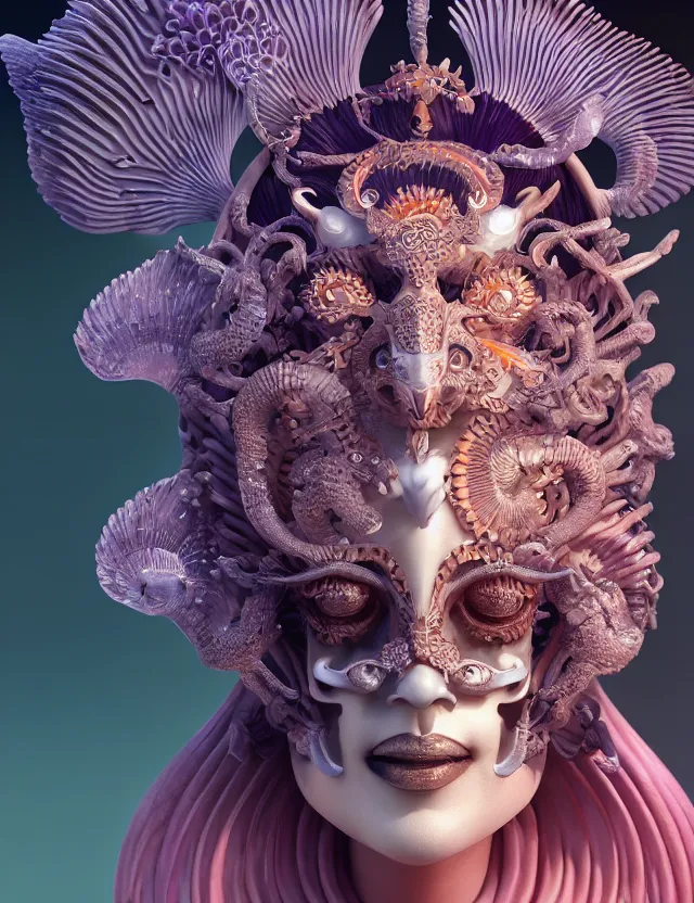 Image similar to 3 d goddess close - up frontal portrait with ram skull. beautiful intricately detailed japanese crow kitsune mask and clasical japanese kimono. betta fish, jellyfish phoenix, bio luminescent, plasma, ice, water, wind, creature, artwork by tooth wu and wlop and beeple and greg rutkowski