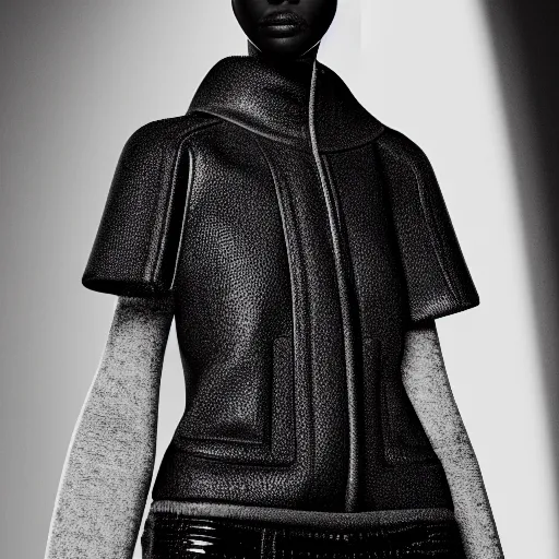 Image similar to still photo of balenciaga fashion show, black and white color aesthetic, highly detailed, photorealistic portrait, bright studio setting, studio lighting, crisp quality and light reflections, unreal engine 5 quality render