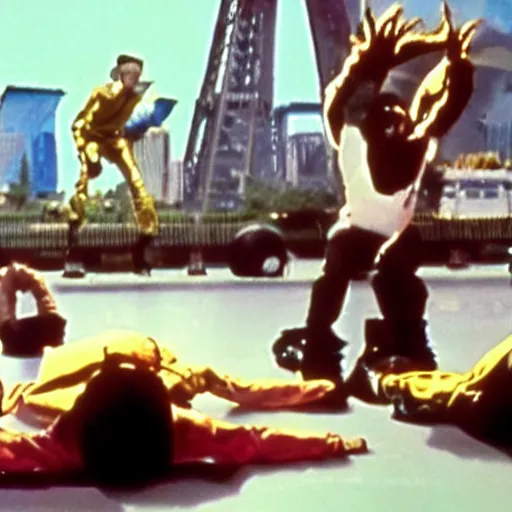 Image similar to film still of 'Future Force 2050' (1995). Scene where the spaceship crew compete in a break dancing contest.