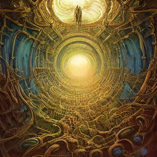 Prompt: A beautifully detailed rendering of an eldritch alien palace by michael whelan, anato finnstark, gustave dore, thomas kinkade, alex grey, and tim white art. 64 Megapixels, Hyperdetailed photorealism, AI Enhanced Digital Art, Organic, 4D Mandelbulb Psychedelics, Holographic Optical Illusions, Translucent Overtones. Art of Illusion, Artrift, finalRender, Flickr, IMAX, Polycount, r/Art, shadow depth, Sketchfab, Sketchlab, Substance Designer, VRay, depth of field, subtractive lighting, panorama, 3DEXCITE, 3Delight, 3D shading.