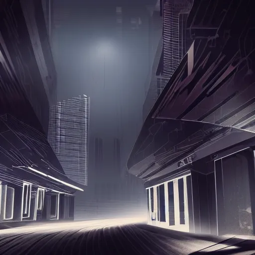 Image similar to futuristic urban island city at dusk. a shadowy figure with two bright, shining eyes peers out from the shadows of an alley. cgartist. leading lines. volumetric lighting. god rays.