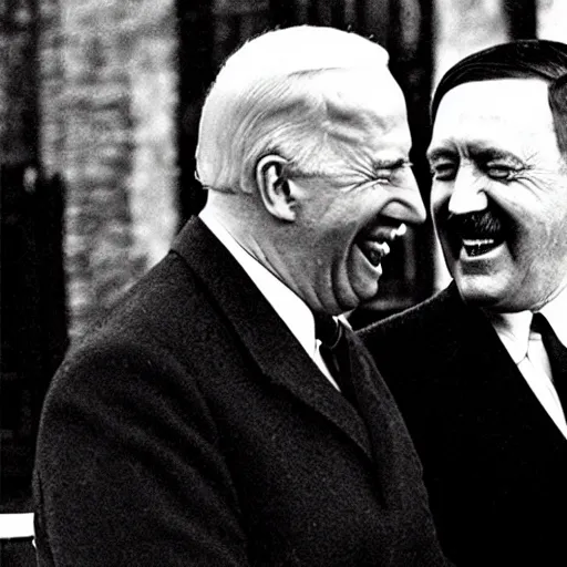 Image similar to “ very photorealistic photo of hitler and joe biden laughing together, award - winning details ”