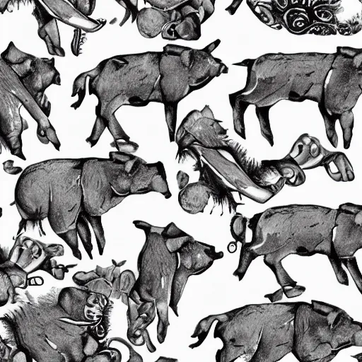 Image similar to pigs and crowns on a white background, wallpaper, Illustration, Anatomical Drawing, Painting, black and white, high contrast