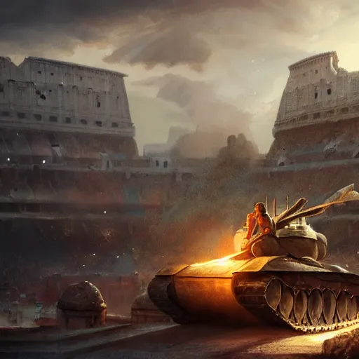 Prompt: a filipino man sitting on a tank holding a scepter and eating popcorn, fantasy colosseum background, fantasy, digital painting, volumetric light, intricate, sharp, focus, bloom, illustration, highly detailed, concept art, matte, ruan jia, randy vargas, greg rutkowski