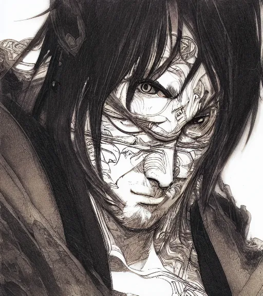 Image similar to portrait of anime cat with long hair wearing a dark robe, pen and ink, intricate line drawings, by craig mullins, ruan jia, kentaro miura, greg rutkowski, loundraw