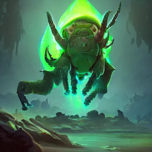 Prompt: a giant glowing rhino beetle, horned beetle, horned beetle, green theme, bright art masterpiece artstation. 8 k, sharp high quality artwork in style of jose daniel cabrera pena and greg rutkowski, concept art by tooth wu, blizzard warcraft artwork, hearthstone card game artwork, horned beetle