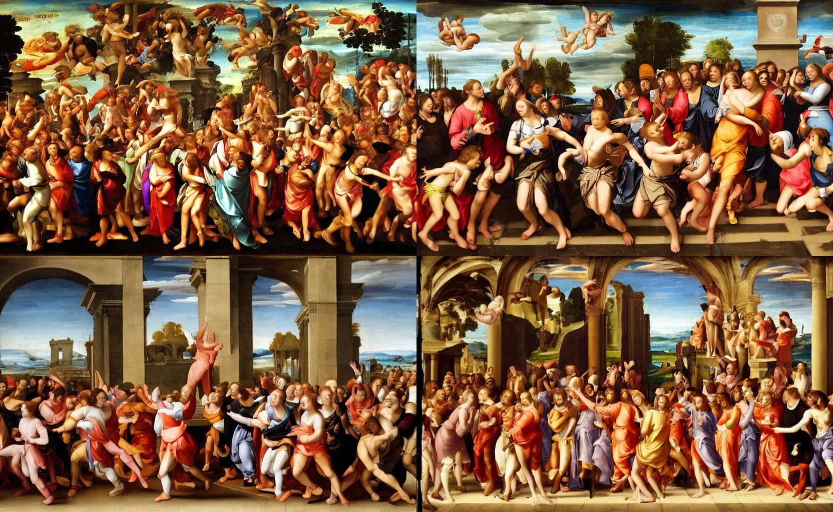 Prompt: renaissance painting of a flash mob at McDonalds