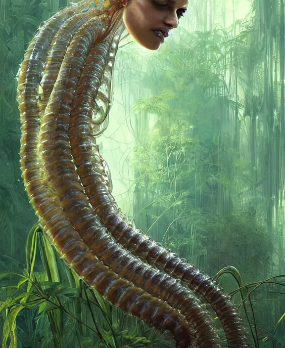Image similar to opulent transparent clear see - through portrait of a terrifying beautiful male alien centipede ai software, mottled coloring, adorable, childlike, overgrown biopunk jungle environment, ultra realistic, concept art, art nouveau, photorealistic, octane render, 8 k, unreal engine. art by christopher marley and artgerm and greg rutkowski and alphonse mucha