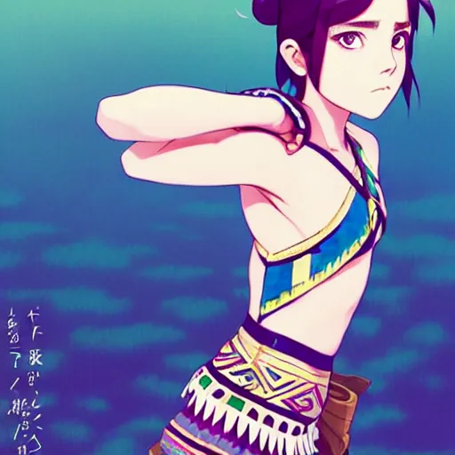 Image similar to a beautiful boyish emma watson alluring instagram model, wearing japanese hiphop aztec leotard outfit with mayan pattern and native style, aztec street fashion bathing suit, botw style, gapmoe yandere grimdark, trending on pixiv fanbox, painted by greg rutkowski makoto shinkai takashi takeuchi studio ghibli, akihiko yoshida