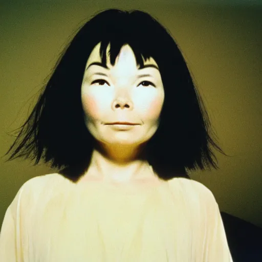 Image similar to Bjork climbs out of your TV screen towards you like Sadako, J-Horror, 90s, 35mm film