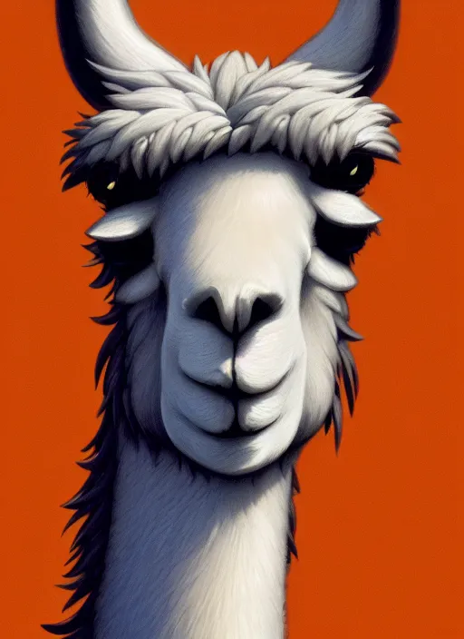 Image similar to centered!! macro head portrait of a llama, artstation, detailed cartoon, elegant, digital painting, concept art, smooth, sharp focus, illustration, ghibli, makoto shinkai, don bluth, fujita goro, jean giraud, akihiko yoshida, tom whalen 8 k