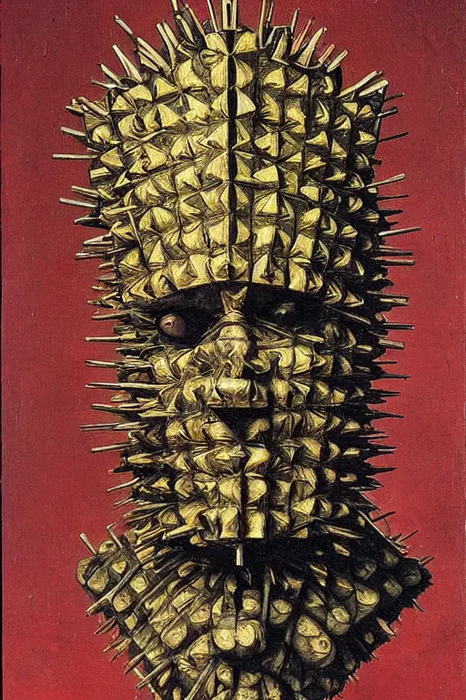 Image similar to portrait of pinhead hellraiser, oil painting by jan van eyck, northern renaissance art, oil on canvas, wet - on - wet technique, realistic, expressive emotions, intricate textures, illusionistic detail