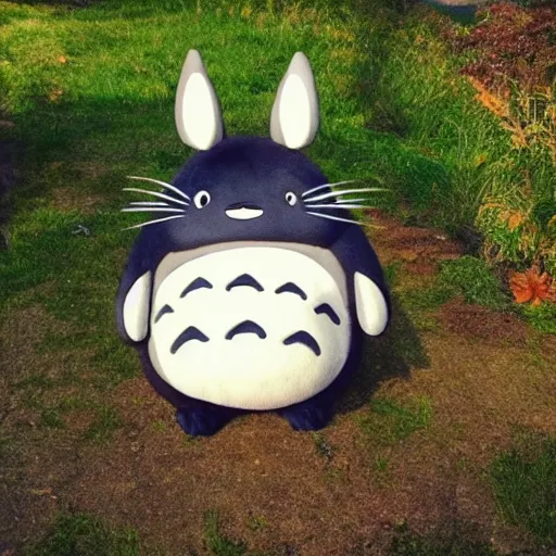 Image similar to real life totoro, cute!!!, happy!!!, chunky!!!, content!!!, mischievous!!!, adorable!!!, fluffy!!!, ultra realistic!!!, golden hour, sharp focus