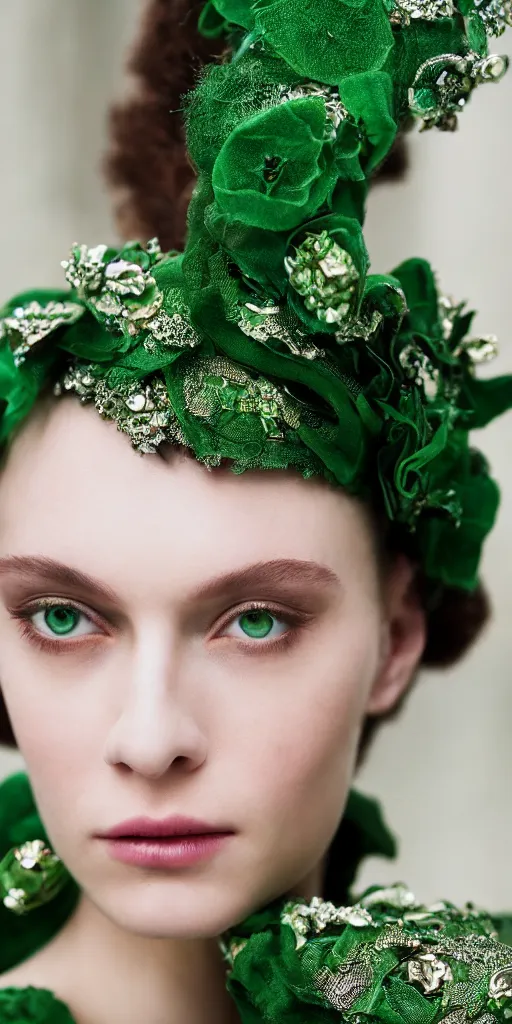 Image similar to fashion photography beautiful green eyes, close up shot, haute couture dresses by balenciaga, canon ef 1 0 5 mm f / 2. 8 the grand budapest hotel