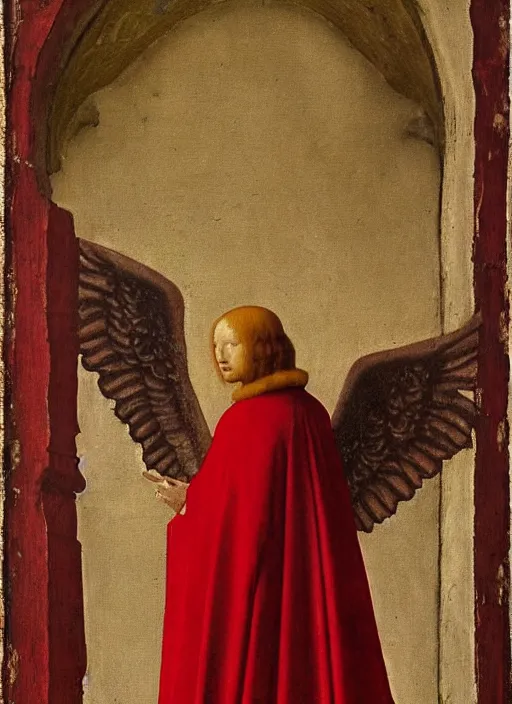 Image similar to Flying Fallen Angel dressed in red, Medieval painting by Jan van Eyck, Johannes Vermeer, Florence