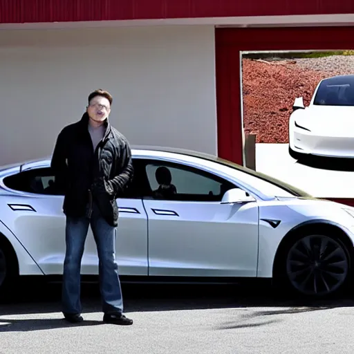 Image similar to elon musk breaking his tesla in his garage the background is the view of 3 tesla