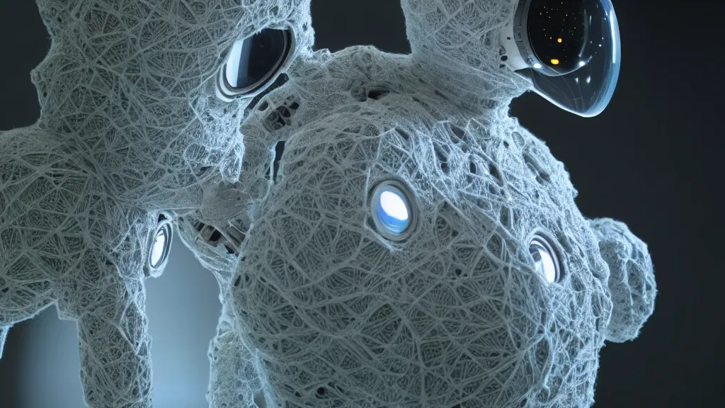 Image similar to a cybernetic symbiosis of a single astronaut eva suit made of wearing knitted yarn thread infected with diamond 3d fractal lace iridescent bubble 3d skin covered with insectoid compound eye camera lenses floats through the living room, film still from the movie directed by Denis Villeneuve with art direction by Salvador Dalí, wide lens,