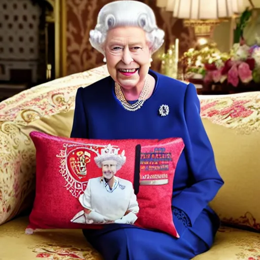 Image similar to The Queen of England holding an anime plush pillow and smiling