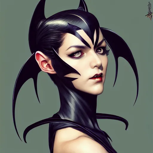 Prompt: 3 / 4 view of a portrait of bat woman with bat wings, confident pose, pixie, genshin impact,, intricate, elegant, sharp focus, illustration, highly detailed, concept art, matte, trending on artstation, anime, art by wlop and artgerm and greg rutkowski, h 6 4 0