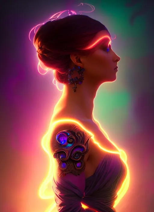 Image similar to side portrait dark witch, gloomhaven, soft, smooth, luminescent, art nouveau tarot, backlit glow, colorful swirly ripples, gaudy colors, aesthetic octane render, unreal engine, 8 k, by artgerm, greg rutkowski, alphonse mucha