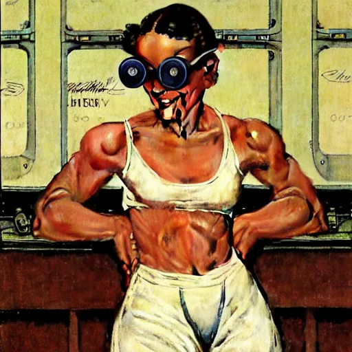 Prompt: happy and muscular woman wearing small goggles, by norman rockwell