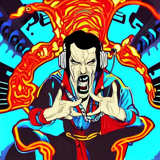 Image similar to artgerm, psychedelic laughing cybertronic dr. strange, rocking out, headphones dj rave, digital artwork, r. crumb, svg vector