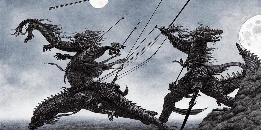 Prompt: korean archer shooting a dragon. the moon is in the sky. there is a river. dark fantasy. high resolution. detailed. digital art. kentaro miura.