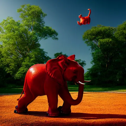 Image similar to a hyperrealistic photograph 3D octane render of a small red cat riding on a huge elephant in the park on a sunny day, trending on artstation, 4K, dramatic lighting, glowing, volumetric lighting, ray tracing, unreal engine