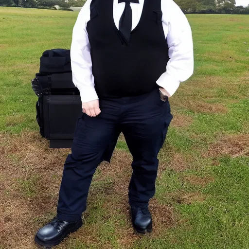 Image similar to clean - shaven chubby 3 4 year old caucasian man from uk wearing black police sweater and navy necktie and black trousers and black boots and police helmet. he is standing in a field.