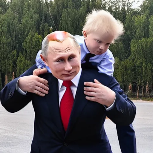 Prompt: Putin giving baby trump a piggyback ride, baby trump has a full trump haircut