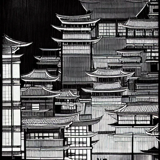 Image similar to a beautiful ink painting of buildings in japanese traditional style, in the style of hiroshi yoshida, at night, light effect, detailed, high - definition, exquisite isolated very detailed, moody lighting, 8 k highly detailed, trending on artstation