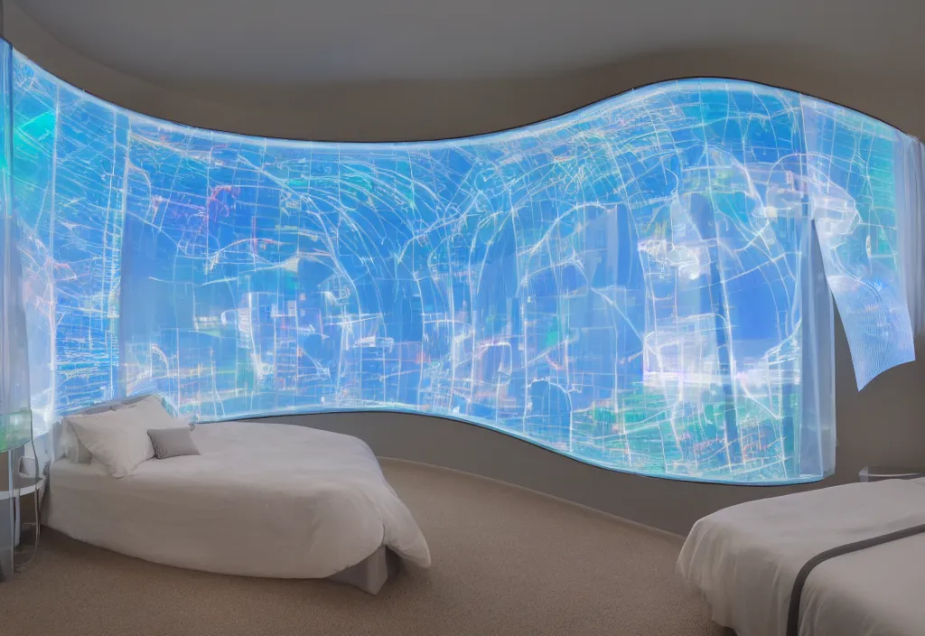 Image similar to curved translucent windows projecting florida holographic weathermap, thin glowing lights, bedroom, visor, users, pair of keycards on table