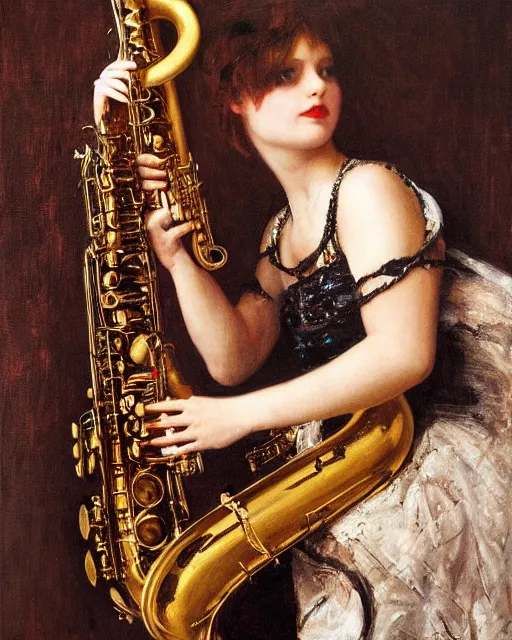 Prompt: Punk girl playing saxophone by Mario Testino, oil painting by Lawrence Alma-Tadema