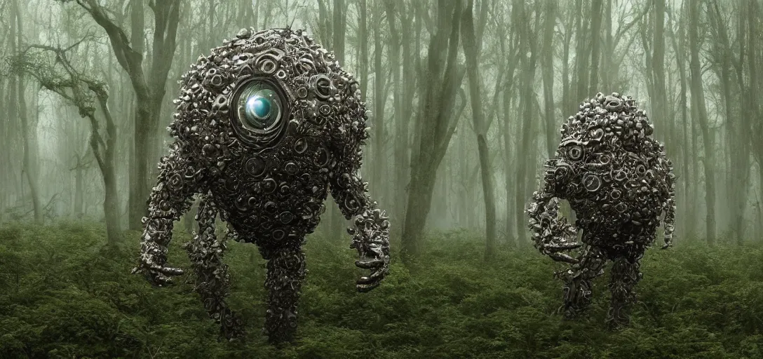 Prompt: a complex organic fractal 3 d metallic symbiotic ceramic humanoid megastructure creature in a swampy lush forest, foggy, cinematic shot, photo still from movie by denis villeneuve, manga style by junji ito